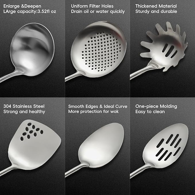 Stainless Steel Kitchen Utensils Set with Wood Handle, 18/10 Metal Cooking Utensils Set, 6-Piece - Spatula, Spoon, Ladle, Skimmer, Slotted Spoon, Pasta Server (Dishwasher Safe)