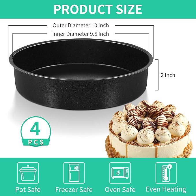 P&P CHEF Non-stick Cake Pan Set 4, 9.5 Inch Round Baking Cake Pans Tins for Tier Smash Cakes, Non-Toxic & Solid, Stainless Steel Core & Leak-Proof, 4Pcs
