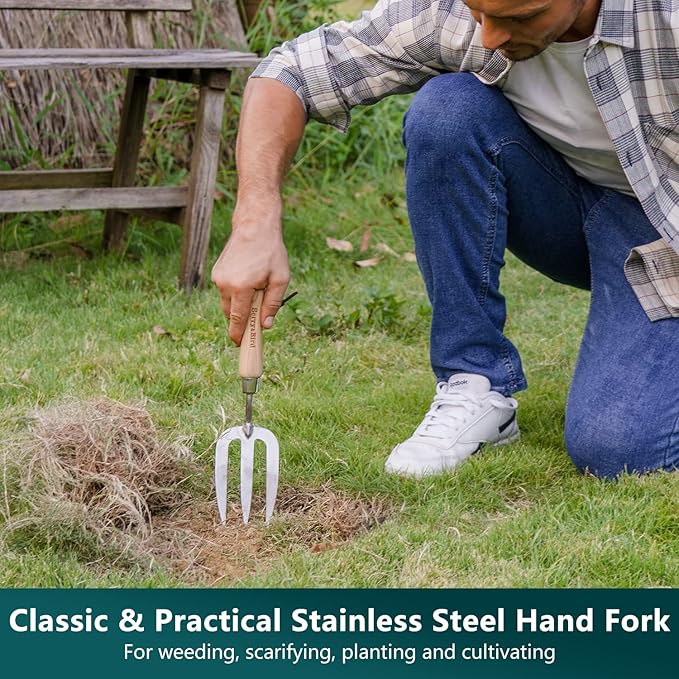 Berry&Bird Gardening Hand Tool Set - 3PCS Stainless Steel Garden Tool Kit Multifunctional Tool with Wooden Handle Trowel, Fork & Weeder for Weeding Planting Transplant, Ideal Garden Gift for Women&Men