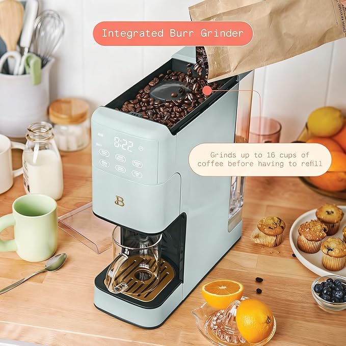 Beautiful Perfect Grind Programmable Single Serve Coffee Maker with Touch Display and Integrated Burr Grinder, Auto Coffee Strength Selection, 64oz Water Reservoir (Hydrangea)