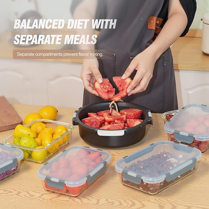 10-Pack Meal Prep Containers with Snap Locking Lids, Glass Airtight Lunch, Food Storage Containers, Microwave, Oven, Freezer and Dishwasher Friendly, Gray