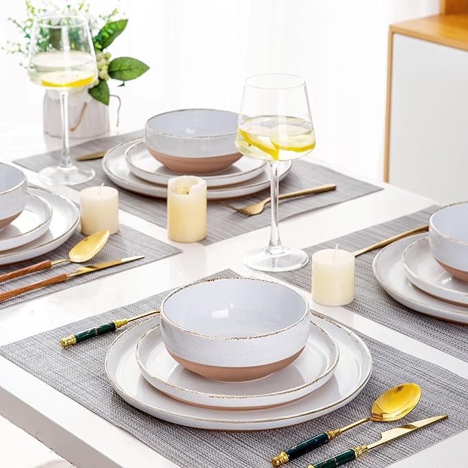 AmorArc 18 Pieces Ceramic Dinnerware Sets for 6, Handpainted Stoneware Plates and Bowls Set with Rustic Terracotta Underside, Scratch Resistant Dishes Set, Dishwasher & Microwave Safe, White