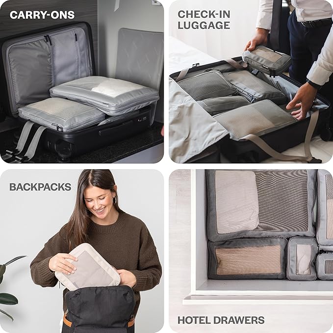 Aerotrunk Compression Packing Cubes for Travel - Luggage Organizer Bags - Double Zipper Packing Cubes for Suitcases (6-Pack, Mocha)