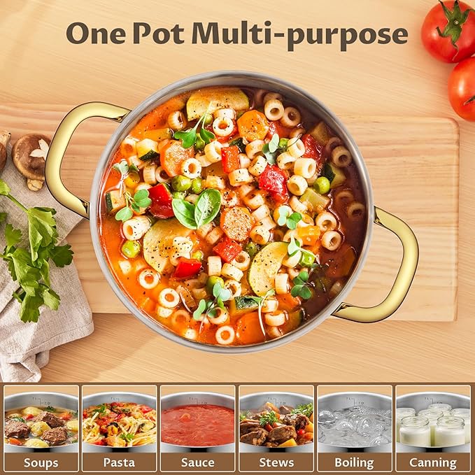 BEZIA 6 Quart Stainless Steel Stockpot with Lid, Induction Compatible Cooking Pots, Triple-Layer Bottom for Even Heat, Pasta & Soup Pot for Cooking, Boiling, Stewing, Dishwasher Safe