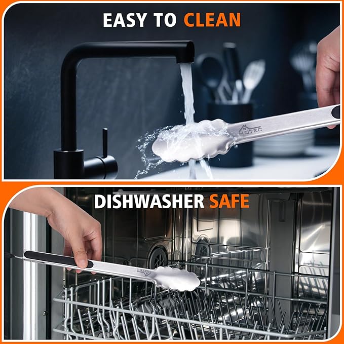 Hotec Stainless Steel Kitchen Tongs Set of 2 - 9" and 12", Locking Metal Food Tongs Non-Slip Grip