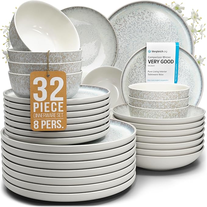 Stoneware dinnerware set 8 persons 32 pcs - Mediterranean dinnerware set, dishwasher, microwave and scratch resistant - Bowl and plate set - Dinnerware Pure Living Light Beige…