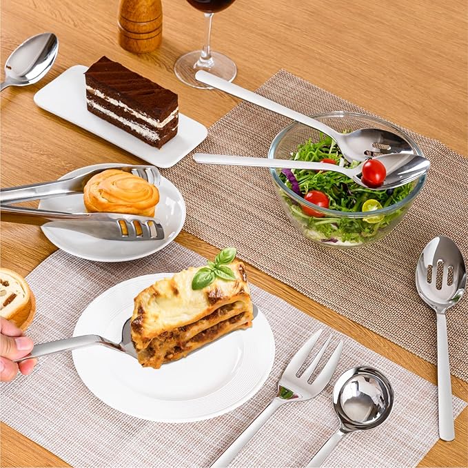 KINGSTONE Large Hostess Serving Utensils Set, Heavy Duty 18/10 Stainless Steel - 10 inch Serving Spoons, Slotted Spoons, Forks, Tongs, Cake Pie Server for Buffet, Wedding, Party