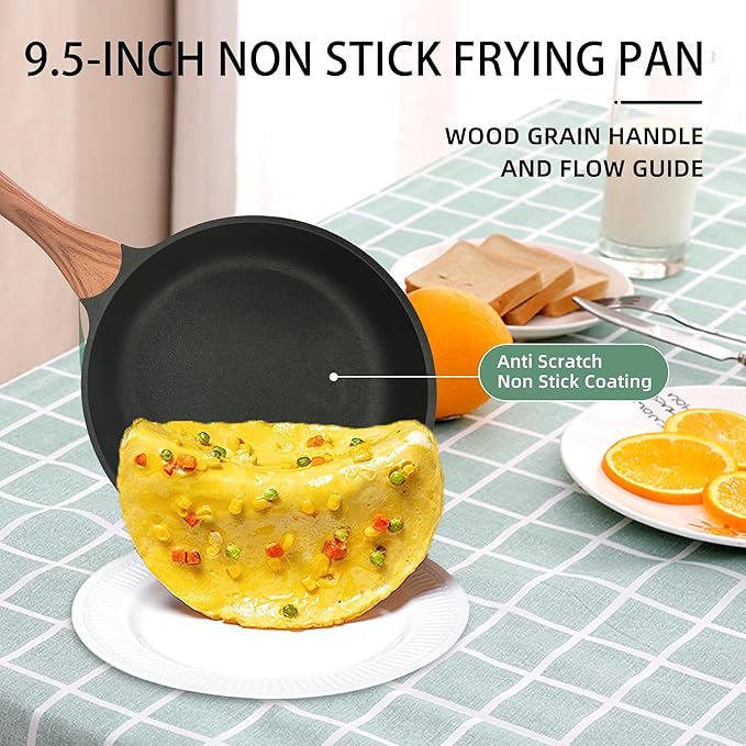 Nonstick Skillet 9.5 Inches Black Granite, Non Stick Frying Pan For Chef Cooking, Omelette Pan Egg Frying Healthy Stone Cookware, Compatible with All Stovetops, PFOA Free (Black, 9.5inch)