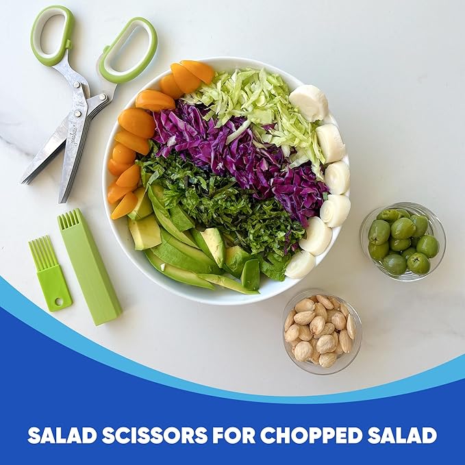 Jenaluca 5 Blade Herb Scissors - Cut & Chop Fresh Herbs & Leafy Greens - Salad Scissors - Stainless Steel Kitchen Shear Set with Cleaning Comb & Safety Cover - Kitchen Gadget - Green