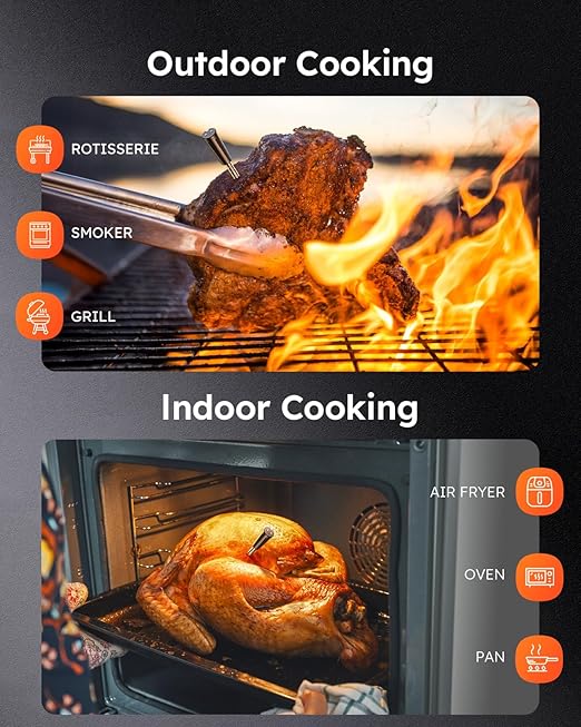 Wireless Meat Thermometer with App Control, 600FT Bluetooth Range, 6 Sensors, 0.5S Instant Read, LCD Display, IP67 Waterproof Real-Time Monitoring & Smart Alerts for BBQ, Grill, Oven
