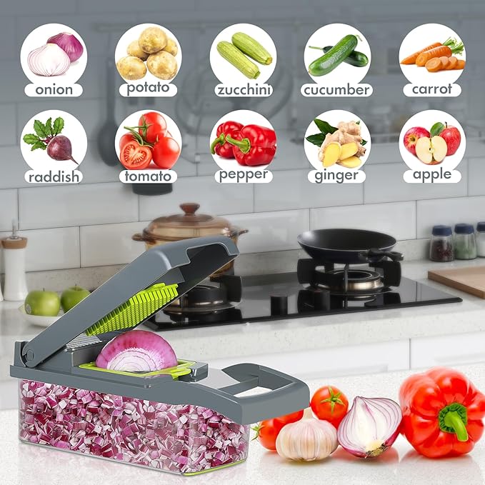 Ourokhome Vegetable Chopper Onion Cutter, 14 in 1 Professional Mandolin Slicer for Kitchen, Multifunctional Food Chopper for Potato, Tomato, Veggie with Strainer Basket, 10 Blades, Gray