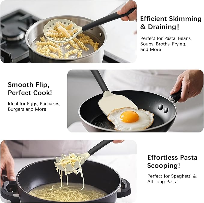 Coukre Silicone Kitchen Cooking Utensils Set with Holder – Heat-Resistant, Food-Grade Kitchen Tools, Spatula, Spoon & Gadgets for Non-Stick Pans, Dishwasher Safe (14, Beige)