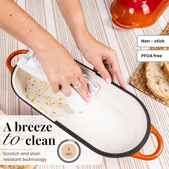 Enamelled Cast Iron Bread Loaf Pot – Dutch Oven For Sourdough Bread Baking – Oven Safe Non Stick Bread Pot – Rectangular, Orange, 34cm x 16cm – by Nuovva