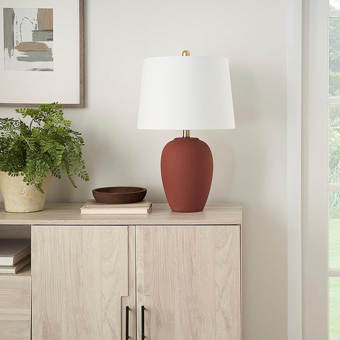 Nourison Home 23" Rust Orange Ceramic Pot Table Lamp for Bedroom, Living Room, Dining Office, with White Tapered Drum Shade
