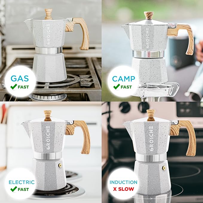 GROSCHE Milano Moka pot, Stovetop Espresso maker, Greca Coffee Maker, Stovetop coffee maker and espresso maker percolator (Grey, 9 cup)