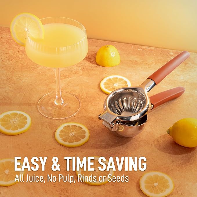 Zulay Kitchen Lemon Squeezer Stainless Steel with Premium Heavy Duty Solid Metal Squeezer Bowl and Food Grade Silicone Handles - Large Manual Citrus Press Juicer and SS Lime Squeezer (Orange)