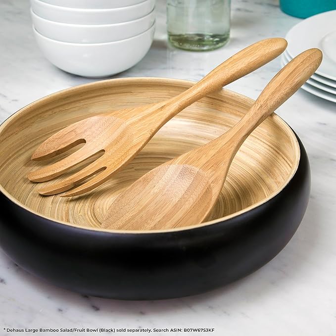 Dehaus® Large Premium Bamboo Salad Tongs - Eco Friendly Wooden Serving Spoons - Salad Serving Utensils - Salad Tosser Forks - Giant Wood Salad Servers - 12 inch Salad Hands