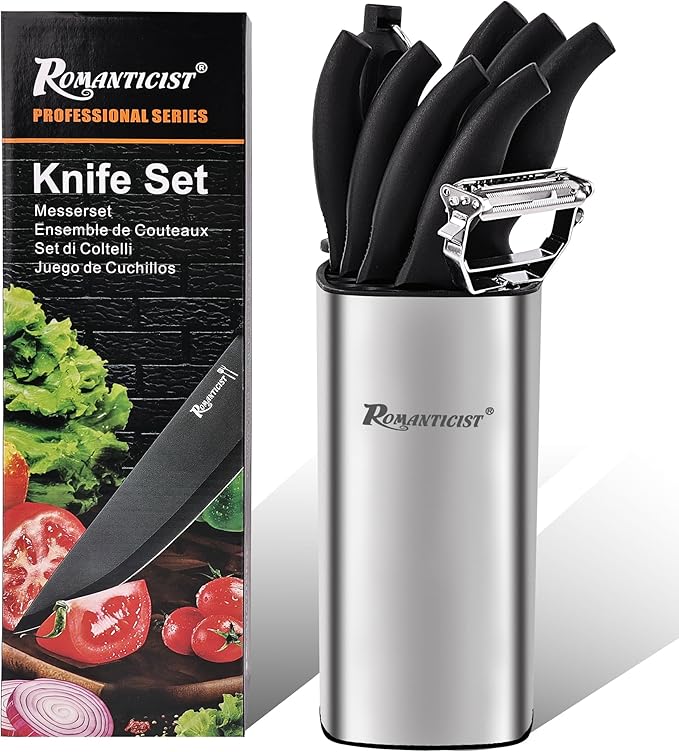 ROMANTICIST Kitchen Knife Sets, 10PCS High Carbon Stainless Steel Knife Sets with Block, Black Knife Block Set, Knives Set for Kitchen with Anti-slip Handle, Exquisite Knives Set New Home Essentials