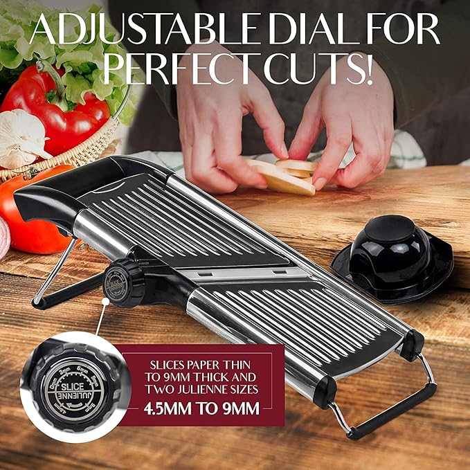 Gramercy Adjustable Mandoline Food Slicer, Mandoline Slicer for Kitchen, Mandolin, Potato, Tomato, Carrot, Vegetable, Fruit and Onion Cutter - Stainless Steel - INCLUDING 1 Pair Cut-Resistant Gloves