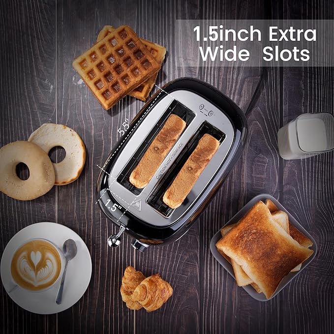 Roter Mond 2 Slice Toaster Retro Stainless Steel with Bagel, Cancel, and Defrost Functions, 6 Bread Shade Settings, Extra Wide Slots and Removable Crumb Tray, Black