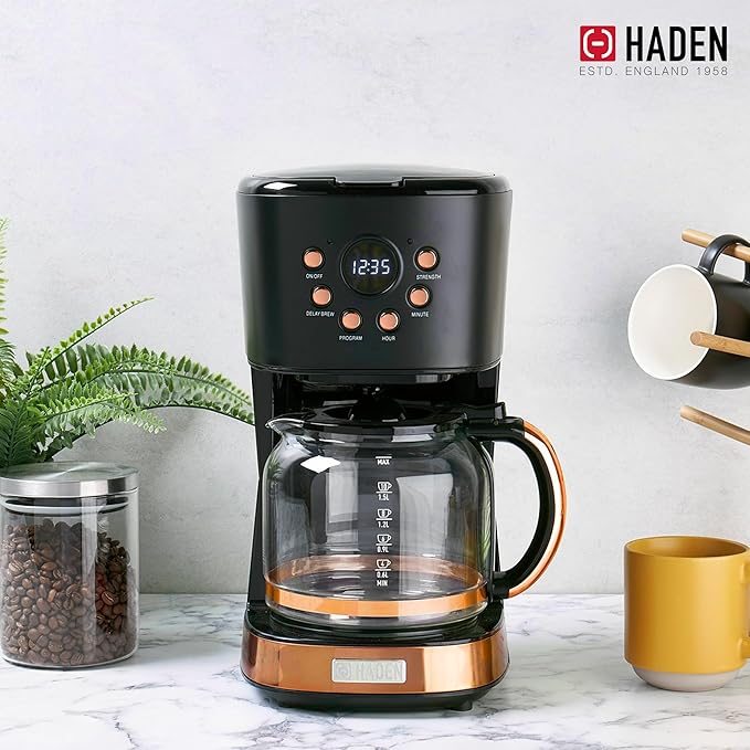 Haden Heritage 4 Slice Wide Slot Stainless Steel Toaster Bundled with 12 Cup Programmable Drip Coffee Maker Coffee Machine, Black & Copper