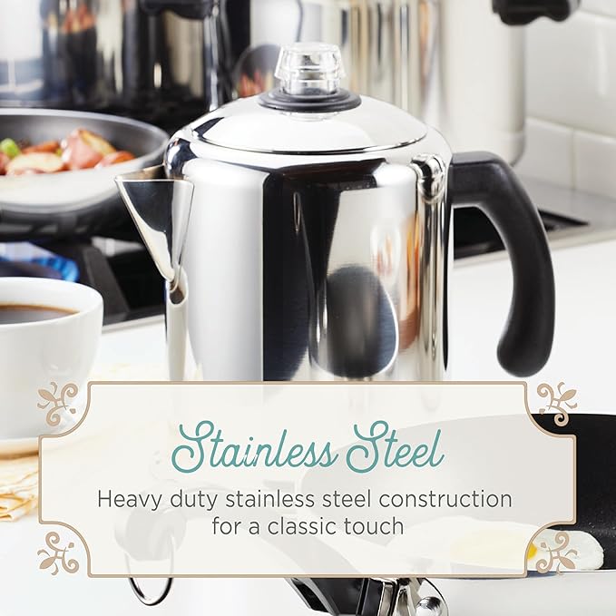 Farberware 47053 Classic Stainless Steel Yosemite 12-Cup Coffee Percolator, 12 Cup Coffee Maker, Silver