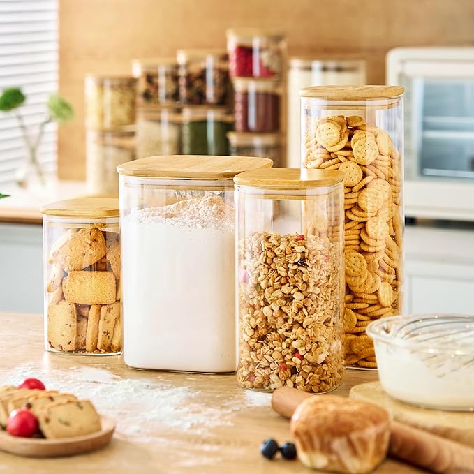 27oz - 4 Pack Square Glass Jars with Bamboo Lids, Glass Food Storage Containers with Airtight Lids for Kitchen, Air Tight Pantry Storage Containers for Cereal, Pasta, Rice, Sugar, Coffee, Spice