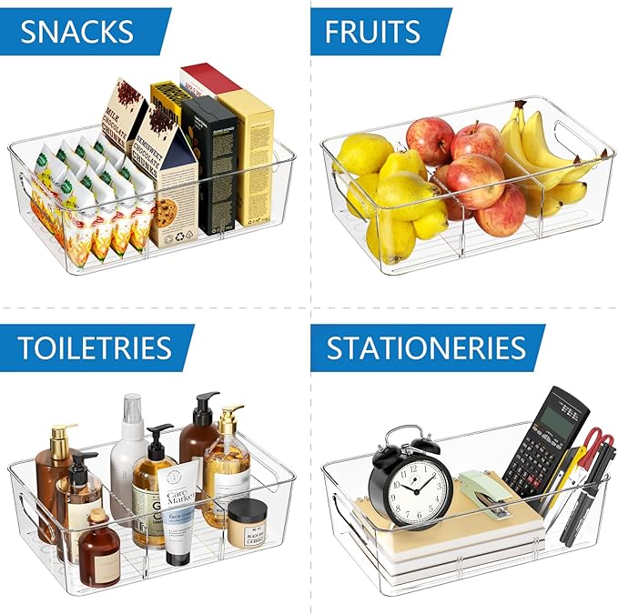 Pantry Organizers and Storage , 8 Pack Snack Organizer for Pantry Shelf,Food Storage Bins with Divider,Clear Containers for Organizing,Transparent Plastic Basket,Refrigerator and Fridge Bins