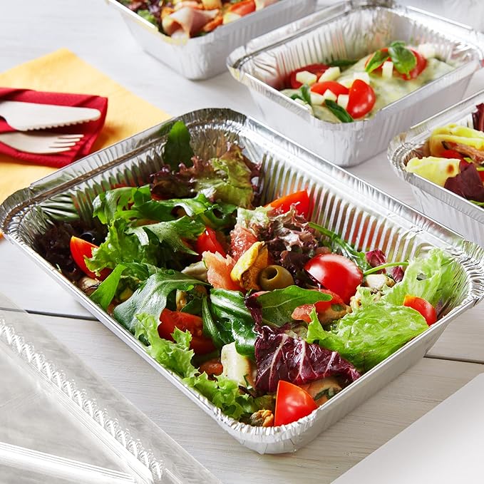 Aluminum Pans With Plastic Dome Lids - 50 Count - 1LB Oblong Pans (5"x4")- To Go Containers With Lids - Disposable Tin Foil Pans - Perfect For Catering, Meal Prep, Baking, Freezer Safe
