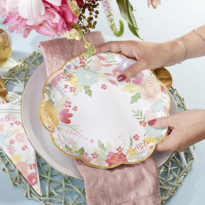 Kate Aspen Garden Blooms 62pc Paper Plates Napkins, 16pcs 7 inch & 16pcs 9 inch Heavy Duty Disposable Party Plates, 30pcs 6.5 inch Durable Paper Napkins for Bridal Shower, Baby Shower, Wedding Party