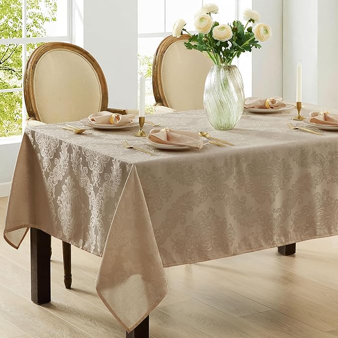 Newbridge Barcelona Luxury Damask Fabric Tablecloth, 60” Wide x 84” Rectangle, Golden Beige, 100% Polyester, No Iron, Soil Resistant Dining Room, Party and Banquet Table Cover