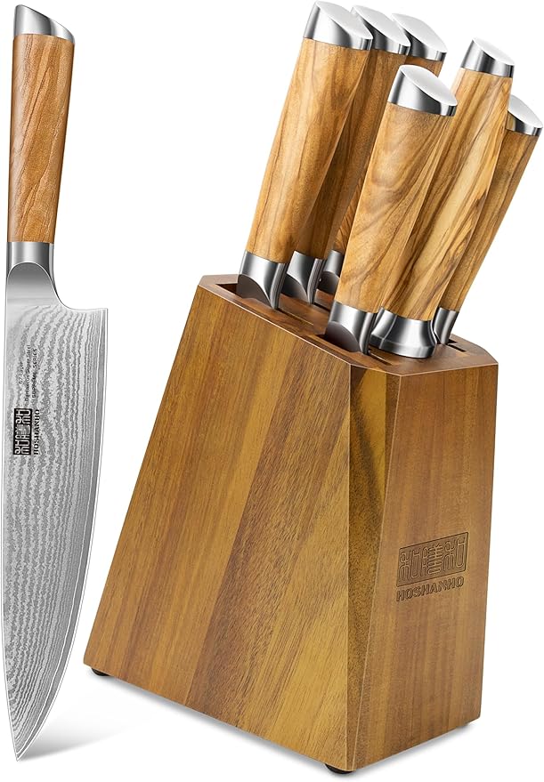 HOSHANHO Knife Set with Block 7-Piece, Professional 67-layer Damascus Super Steel Kitchen Knife Sets for Cooking, Ultra Sharp Knife Set with Sharpener
