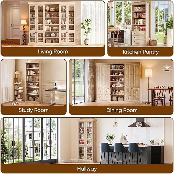 70.8" Tall Bookshelf with Doors, Farmhouse Modular Bookcase with 4-Tier Adjustable Shelves, Large Storage Cabinet for Home Office, Living Room, Brown