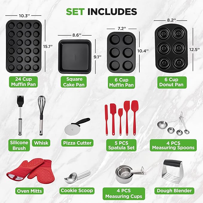 NutriChef 42-Piece Ultimate Nonstick Bakeware Set - Carbon Steel Baking Pans, Everyday Baking Tools, Oven Mitts, & More - Ideal for Baking Delicious Savory & Sweet Treats - Complete Set for Bakers