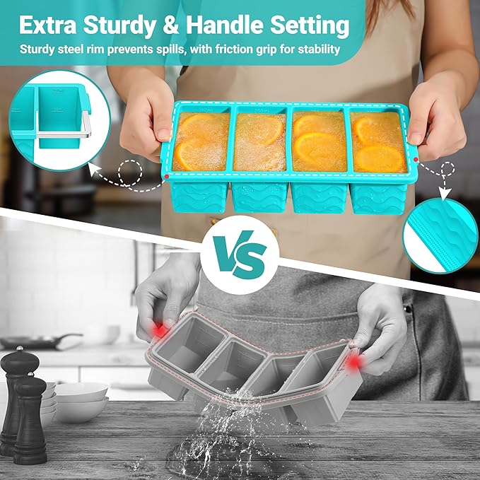Silicone Freezer Molds for Soup with Lid, 1-Cup & 2-Cup Large Ice Cube Trays Food Storage Containers for Meal Prep, Freeze 250mL/125mL Portions – 2 Pack (1-Cup Green&2-Cup Blue)
