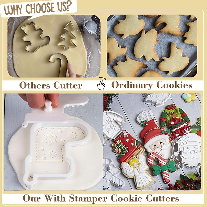 Flycalf Christmas Cookie Cutters Santa with Plunger Stamps Holiday PLA Baking Accessories Cutter Molds Gifts Decorative Party 3.5" Kitchen Cake Supplies