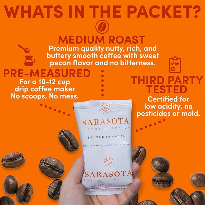Sarasota Coffee Ground Packets | Gourmet Flavored Medium Roast Bulk Coffee Packs | Southern Texas Butter Pecan | Low Acid Mold Free Individual Pouches for 12 Cups Maker | 2 Ounce Bags, 36 Count