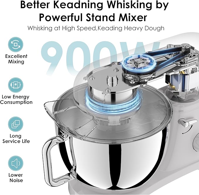 Kitchen in the box Stand Mixer - 6.5 Quart Mixing Bowl with Handle, 900 Watt Powerful Heavy Bread Dough Standing Mixers Tilt-head with Dough Hook, Whisk, Flat Beater and Splash Guard (Blue)