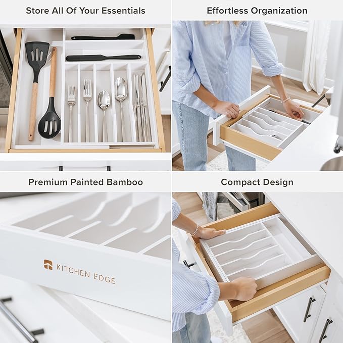 KitchenEdge Premium Silverware, Flatware and Utensil Organizer for Kitchen Drawers, Food-Safe Contract Grade, Expandable from 10.5 to 19 In, White Bamboo