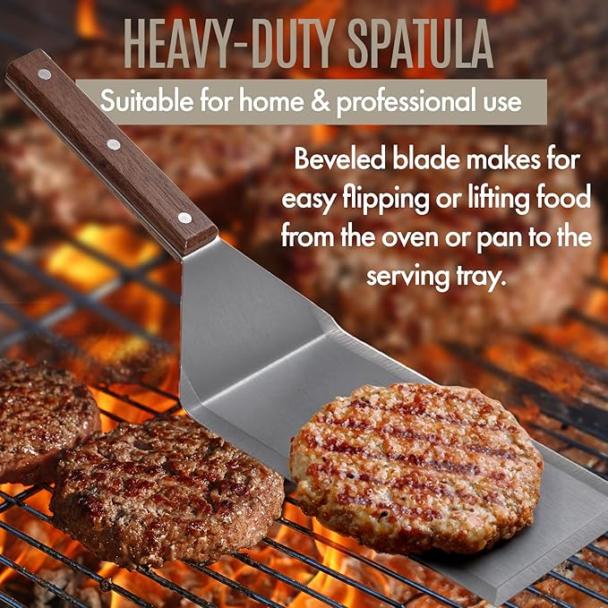 Professional Stainless Steel Extra Long Griddle Spatula with Wood Handle for Skillets,Thick Steel Blade Griddles & Pancake Flipper for Burgers, Omelet, and Versatile for Culinary Task, 8 x 4 inches