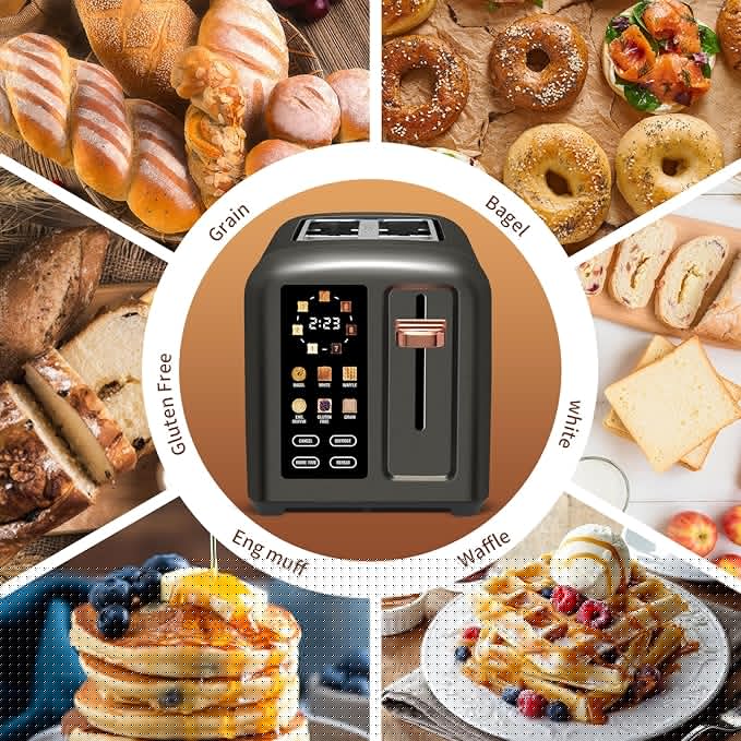 SEEDEEM Toaster 2 Slice, Touch Control Stainless Toaster LCD Display, 50% Faster Heating Speed, 1.4'' Wide Slots, More Timer Functions, Removable Crumb Tray, 1350W, Dark Metallic
