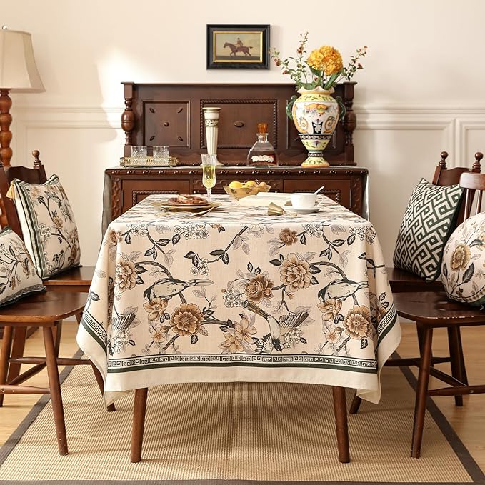ISAENNE Designer Vintage Linen Tablecloth Rectangular,Floral and Bird Pattern Elegant Table Cloth,Fall Wrinkle Resistant Decor Tablecloths for Dining Kitchen Party Christmas,55"*79"-Murad A