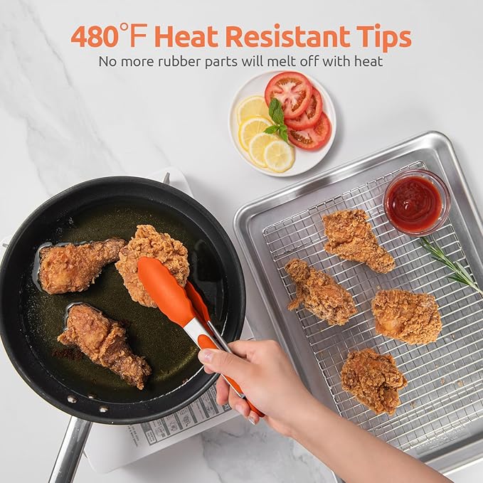 Heat Resistant Silicone Kitchen Tong: U-Taste 9 inch 480ºF Hot Proof Cooking Tong with Firm Sealed Non Stick Rubber Tips & Silicon Coated Steel Handle & Smooth Locking for Serving Grill Salad (Orange)