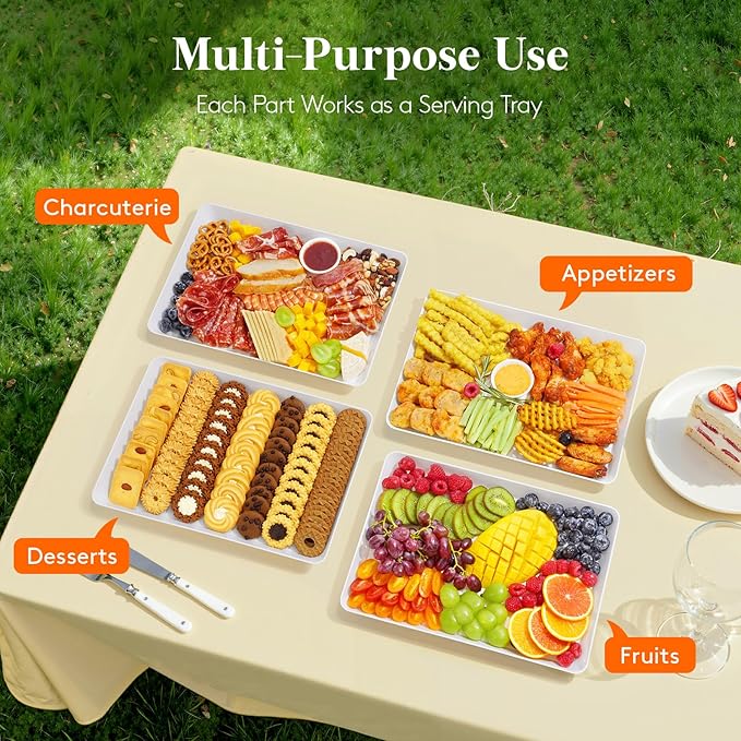 Lifewit Plastic Serving Tray for Party Supplies, 4 Pcs White Trays for Serving Food, Reusable Large Platter for Buffet, Fruit, Snack, Rectangle, Thanksgiving Christmas Essentials, 14" x 10"