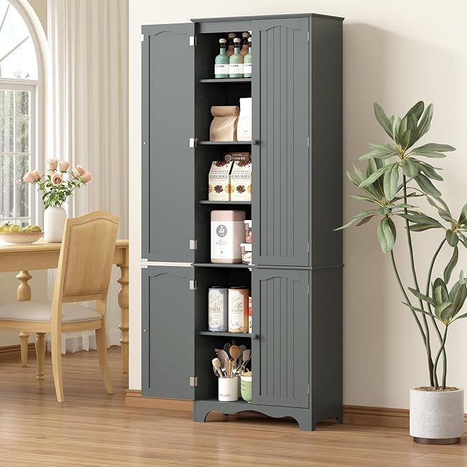 Yusong 72'' Tall Kitchen Pantry Cabinet, Freestanding Storage Cabinet with Doors and Shelves, Wooden Food Pantry Farmhouse Cupboard Buffet for Kitchen Dining Living Room, Gray