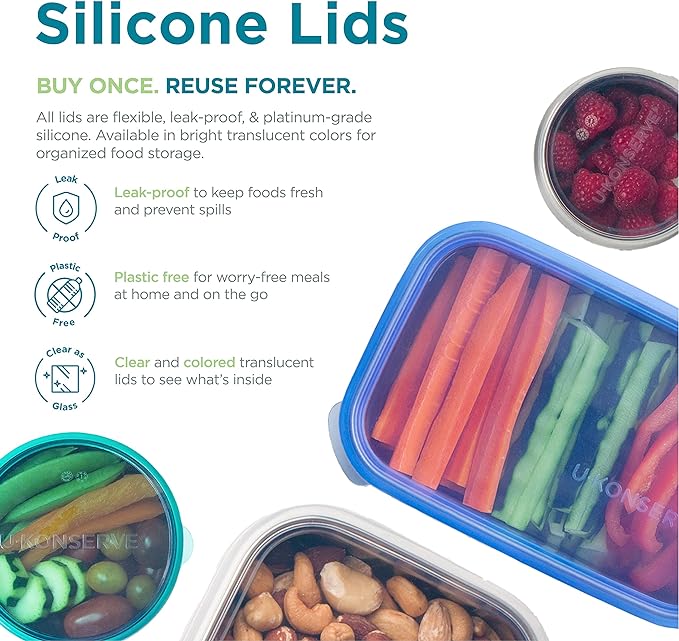 U Konserve Stainless Steel Food Storage Bento Box Container, Leak Proof Silicone Lid Dishwasher Safe - Plastic Free (15oz Clear)