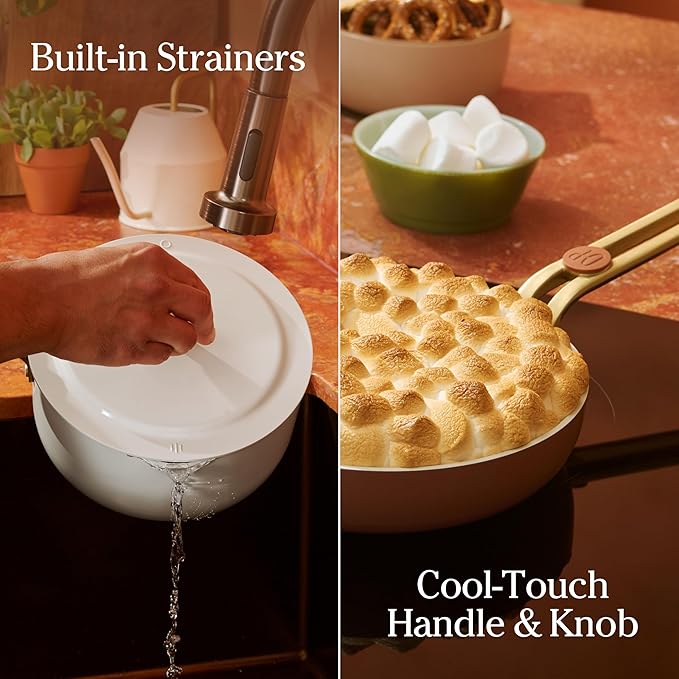 Our Place 8-Piece Essentials Complete Cookware Set - Ceramic Fry Pan Trio & Modular Rack Storage | Nontoxic Thermakind™ Nonstick, Oven Safe up to 450°F & Compatible with All Cooktops | Blue Salt