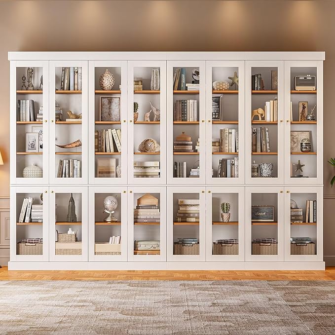 70.8" Bookshelf with Glass Doors, Farmhouse Modular Bookcase with 6-Tier Adjustable Shelves, Large Storage Cabinet for Living Room & Home Office, White