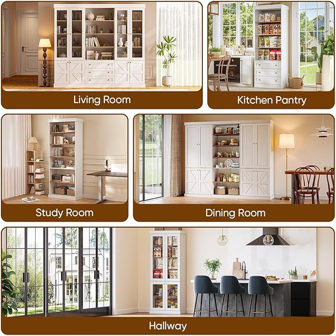 70.8" Tall Farmhouse Kitchen Pantry Cabinet with Glass Doors, Modular Wooden Storage Cabinet with 6-Tier Adjustable Shelves, Hutch for Kitchen or Living Room, White, Set of 3