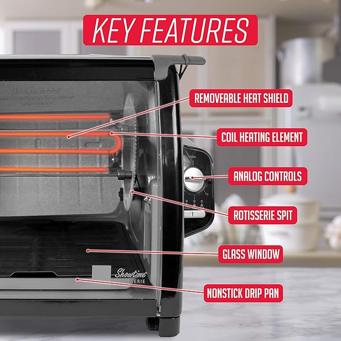 Ronco Showtime Large Capacity Rotisserie & BBQ Oven Modern Edition, Simple Switch Controls, Silicone Door Tie, Auto Shutoff, Includes Multipurpose Basket